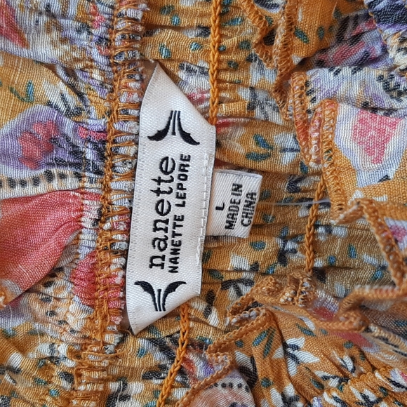 Nanette Lepore Burnt Orange Floral Print Ruched Ruffle Bottom Top, Large, NWT - Picture 5 of 12